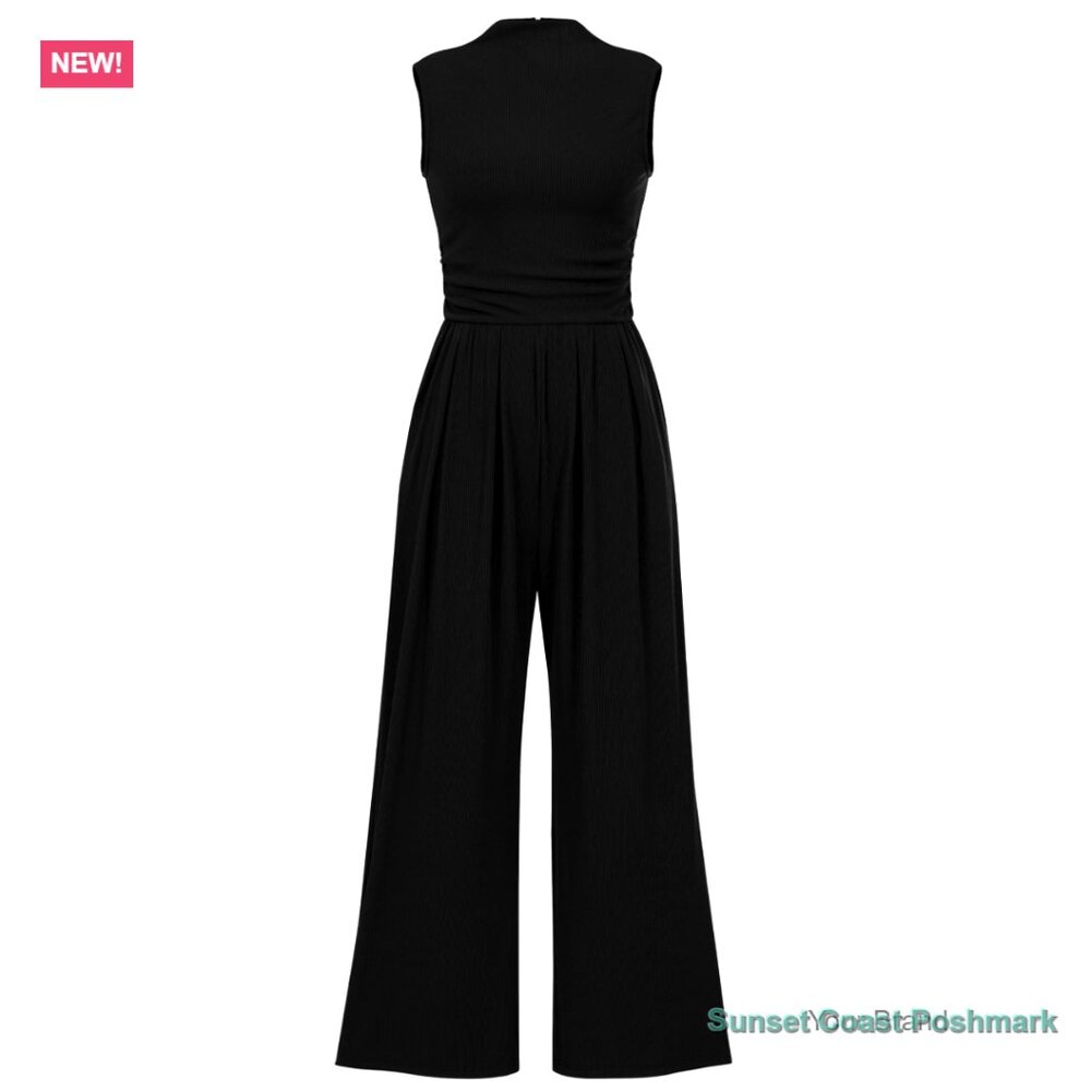 Sleeveless Mock Neck Wide Leg Jumpsuit with Pockets